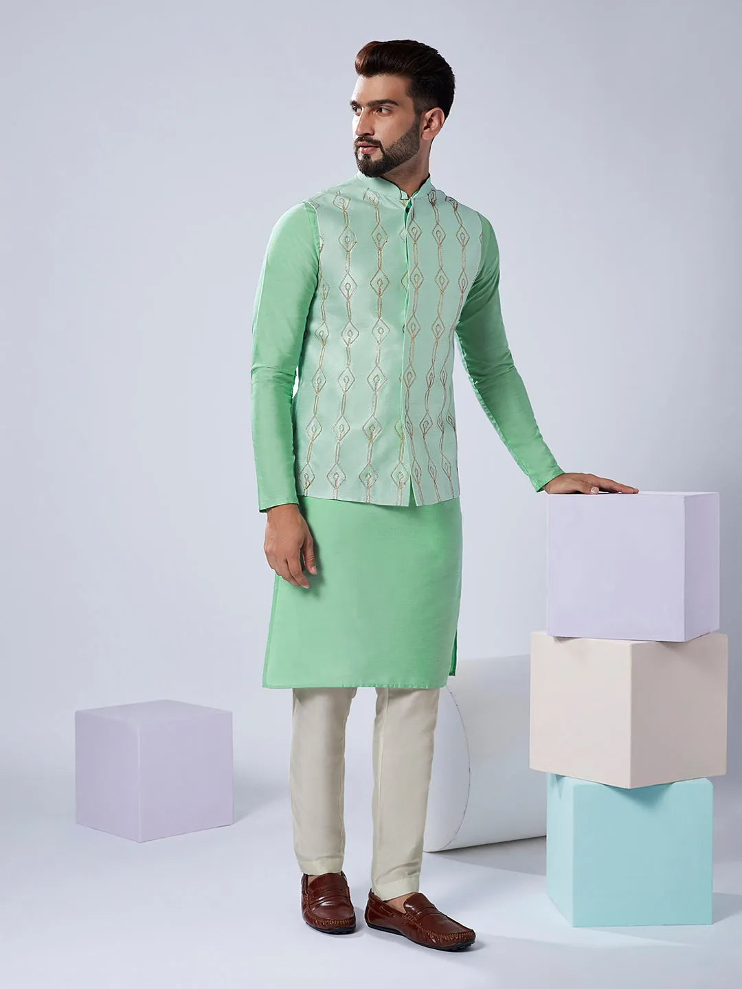 Men's Sea Green Kurta Jacket Trouser Set