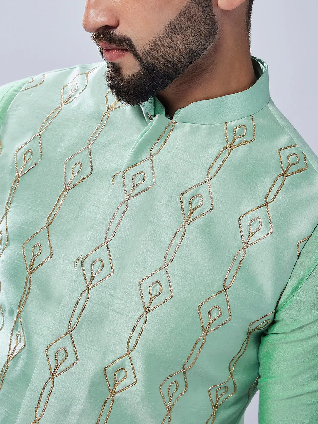 Men's Sea Green Kurta Jacket Trouser Set