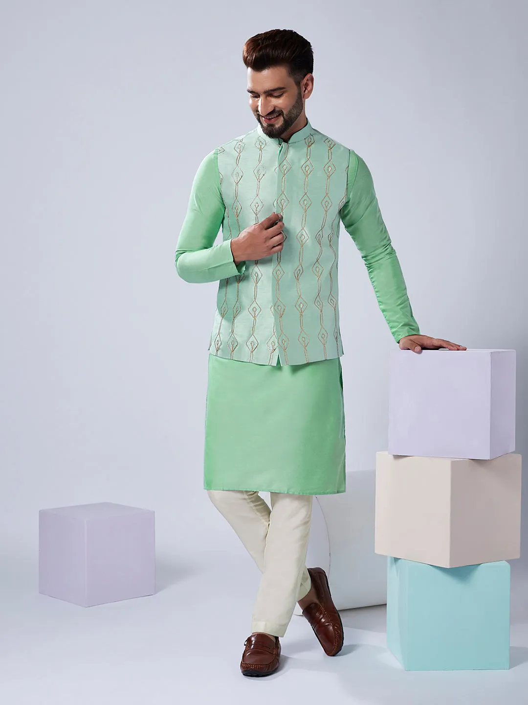 Men's Sea Green Kurta Jacket Trouser Set