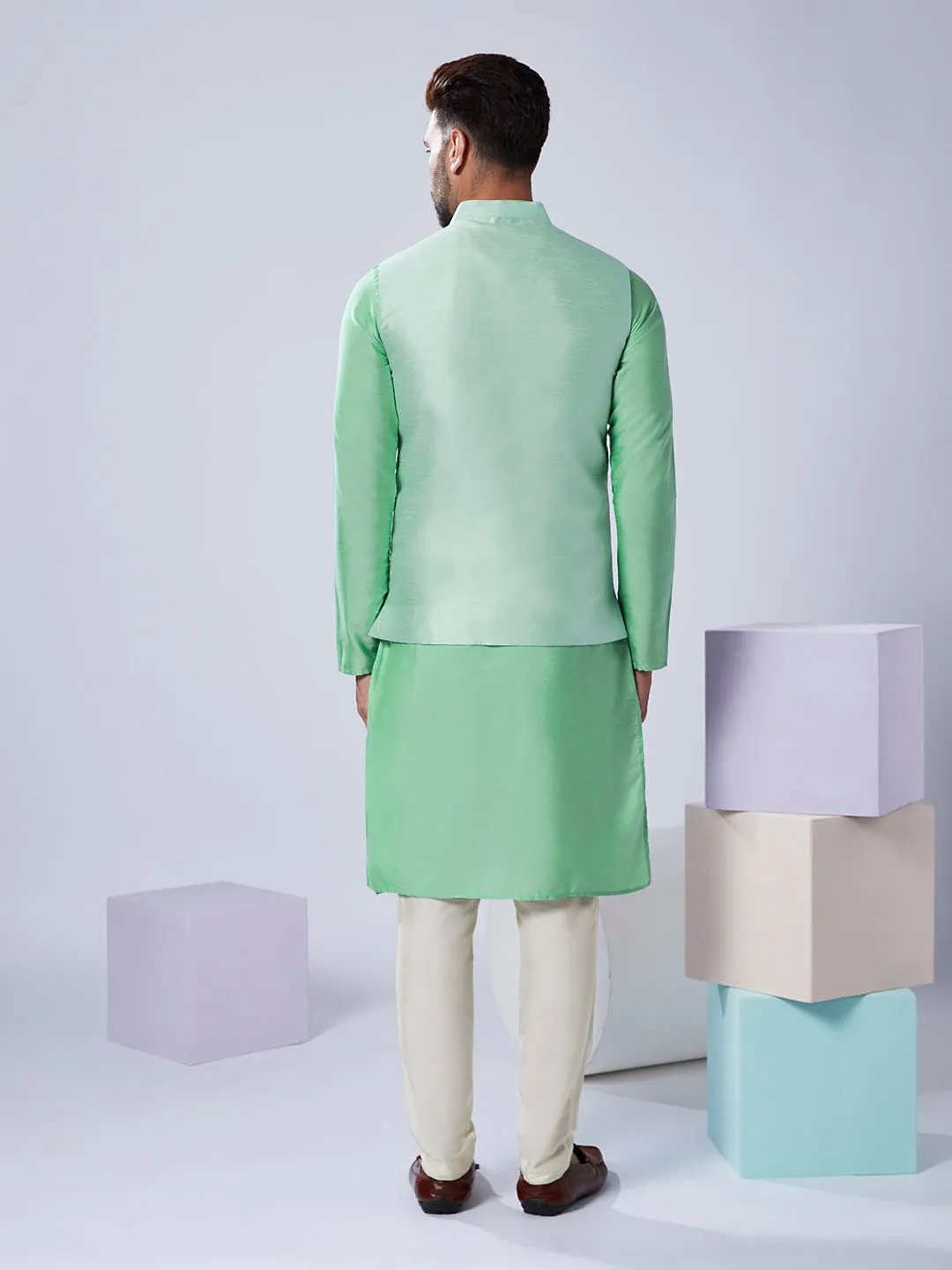 Men's Sea Green Kurta Jacket Trouser Set