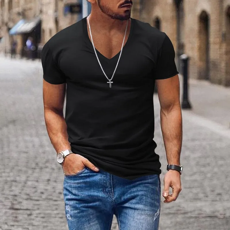 Men's V Neck Solid Color Casual Short Sleeved T Shirt