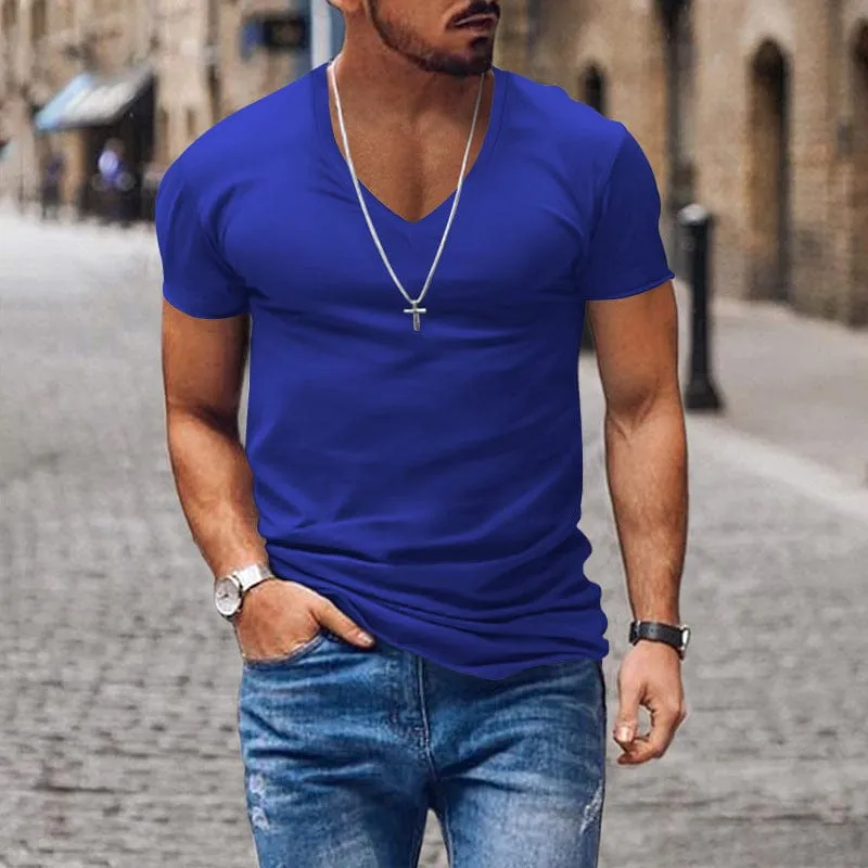 Men's V Neck Solid Color Casual Short Sleeved T Shirt