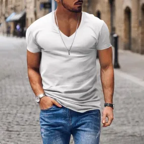 Men's V Neck Solid Color Casual Short Sleeved T Shirt