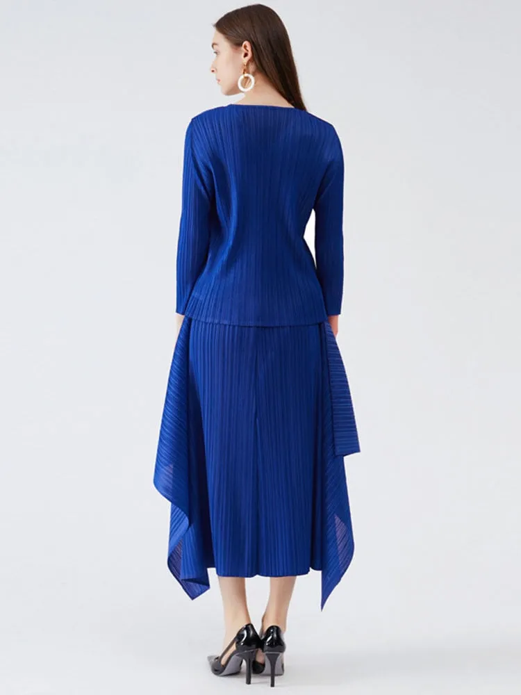 Miyake Pleated Long Sleeve Top and Irregular Hem Skirt Set