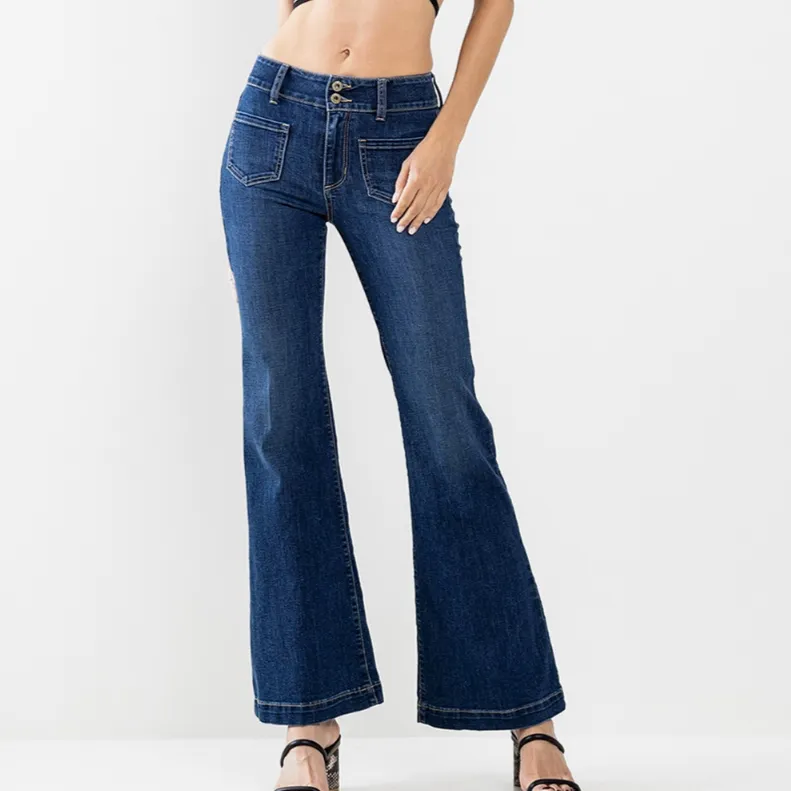 Morgan Double Button Front Pocket Mid Rise Flare Jeans