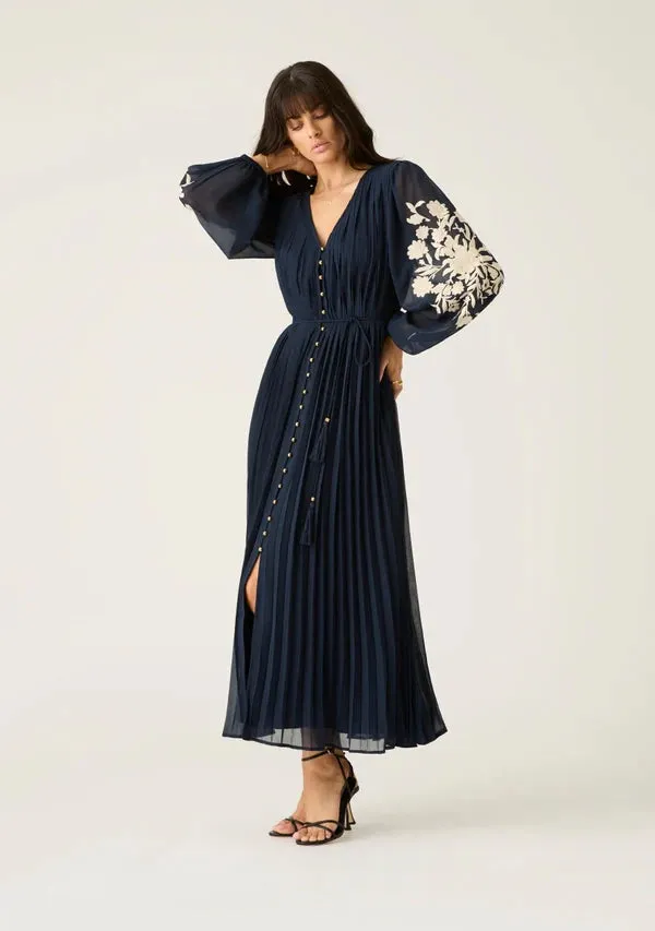 MOS THE LABEL Willow Pleat Maxi Dress Navy