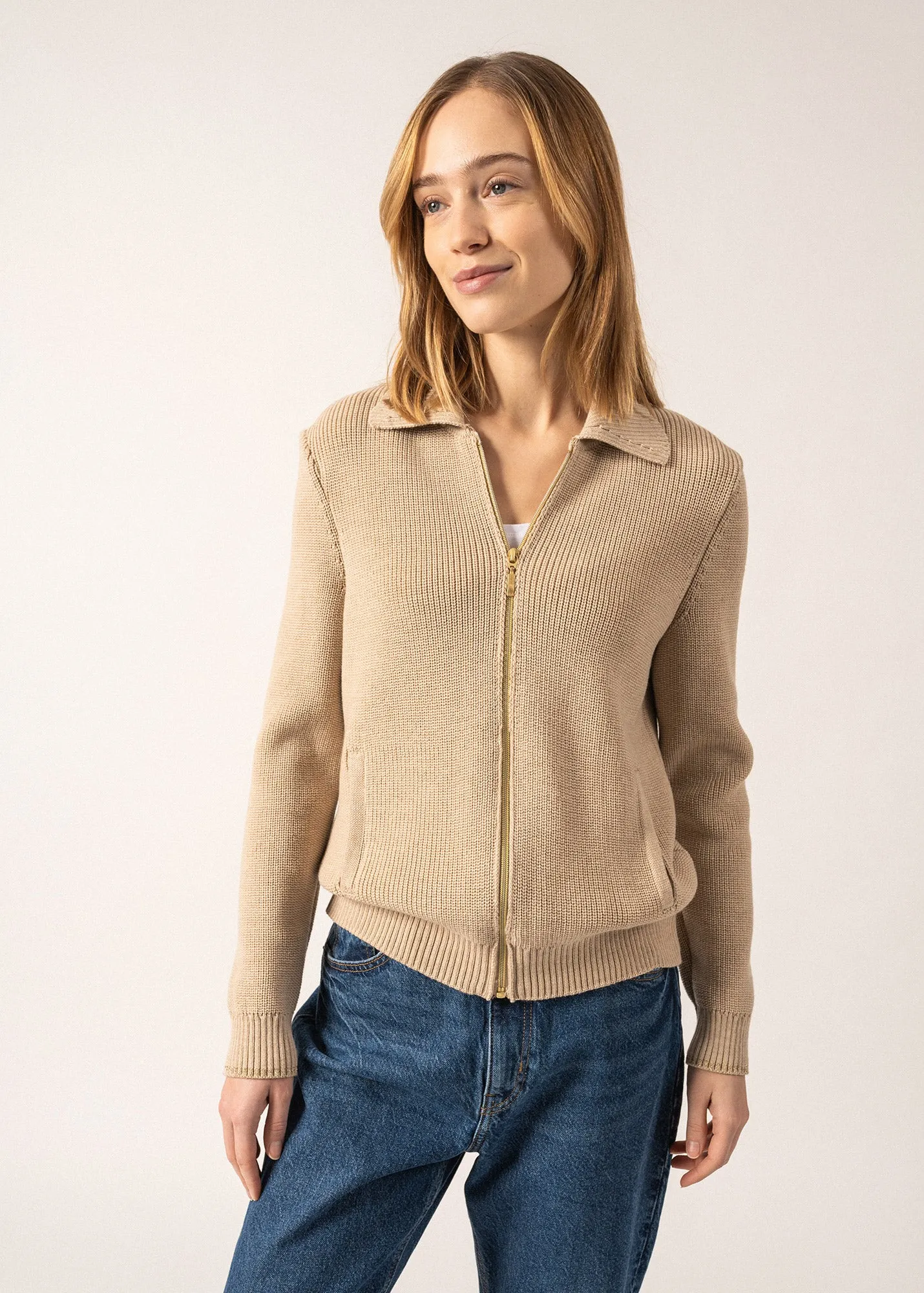 Moutiers Zip-up Cardigan - with lurex details (BEIGE)