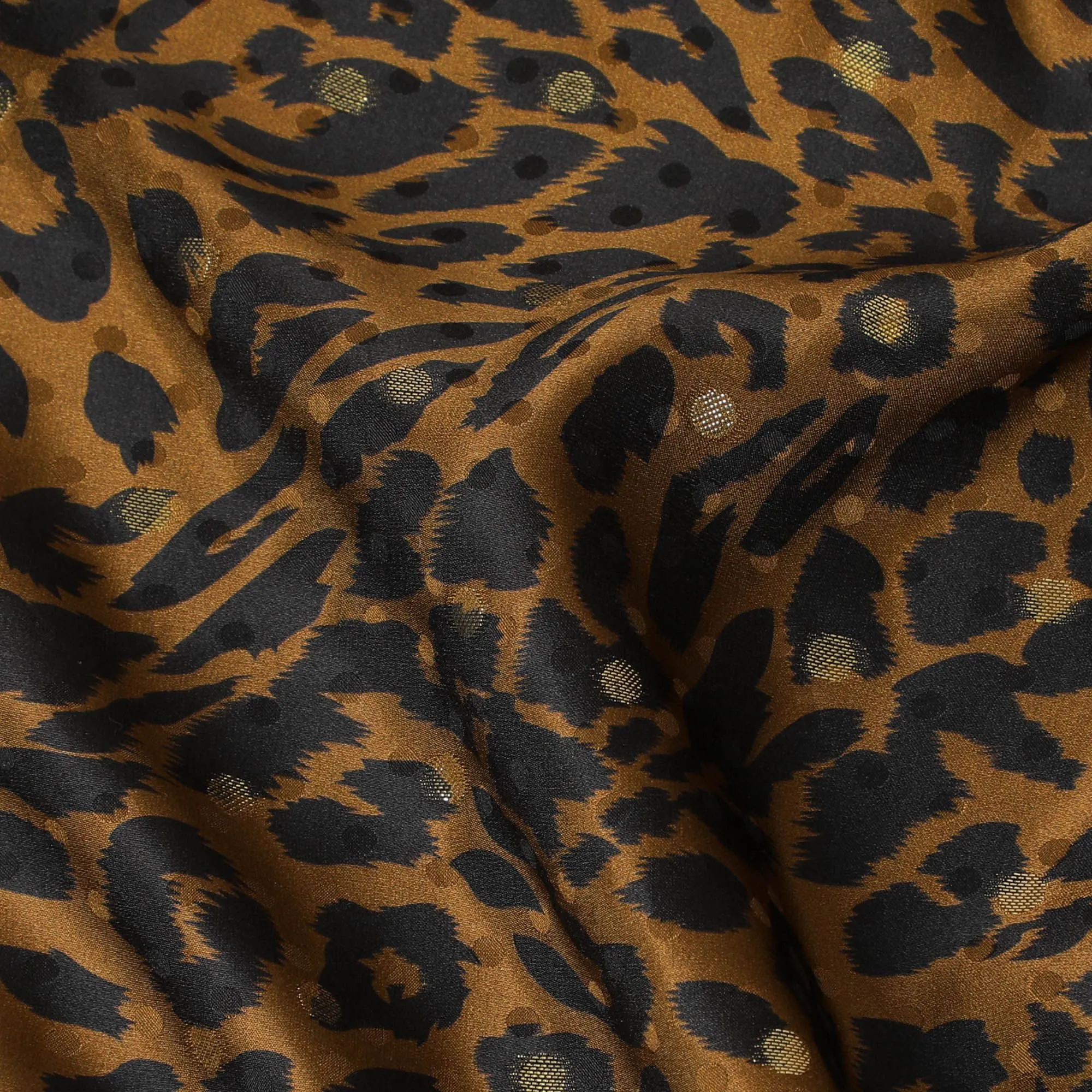 Mustard Premium pure silk satin fabric with black print having gold metallic lurex in animal skin design-D17073