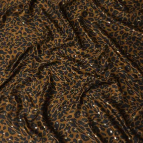 Mustard Premium pure silk satin fabric with black print having gold metallic lurex in animal skin design-D17073