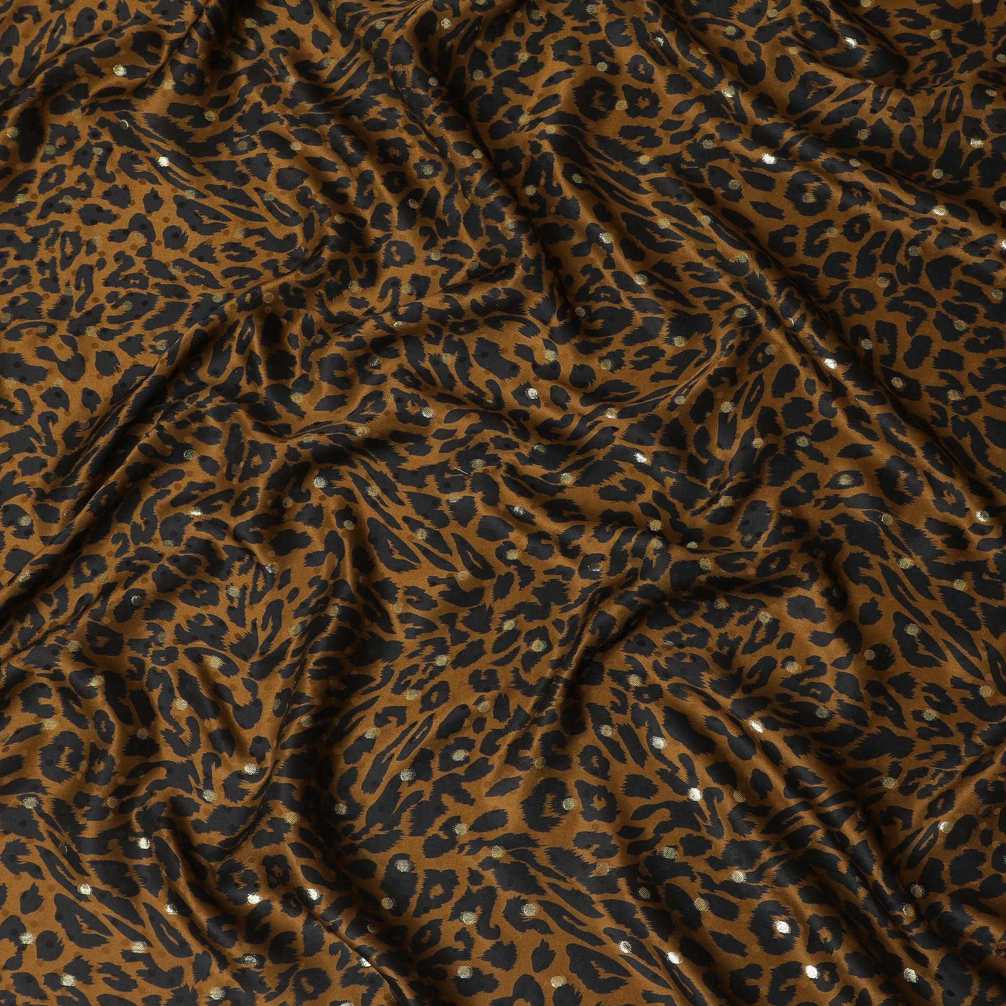 Mustard Premium pure silk satin fabric with black print having gold metallic lurex in animal skin design-D17073