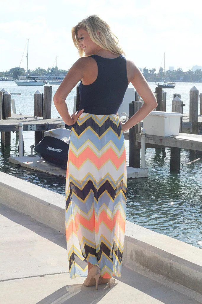 Navy and Neon Peach Chevron Maxi Dress