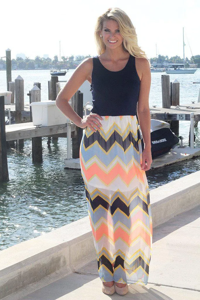 Navy and Neon Peach Chevron Maxi Dress