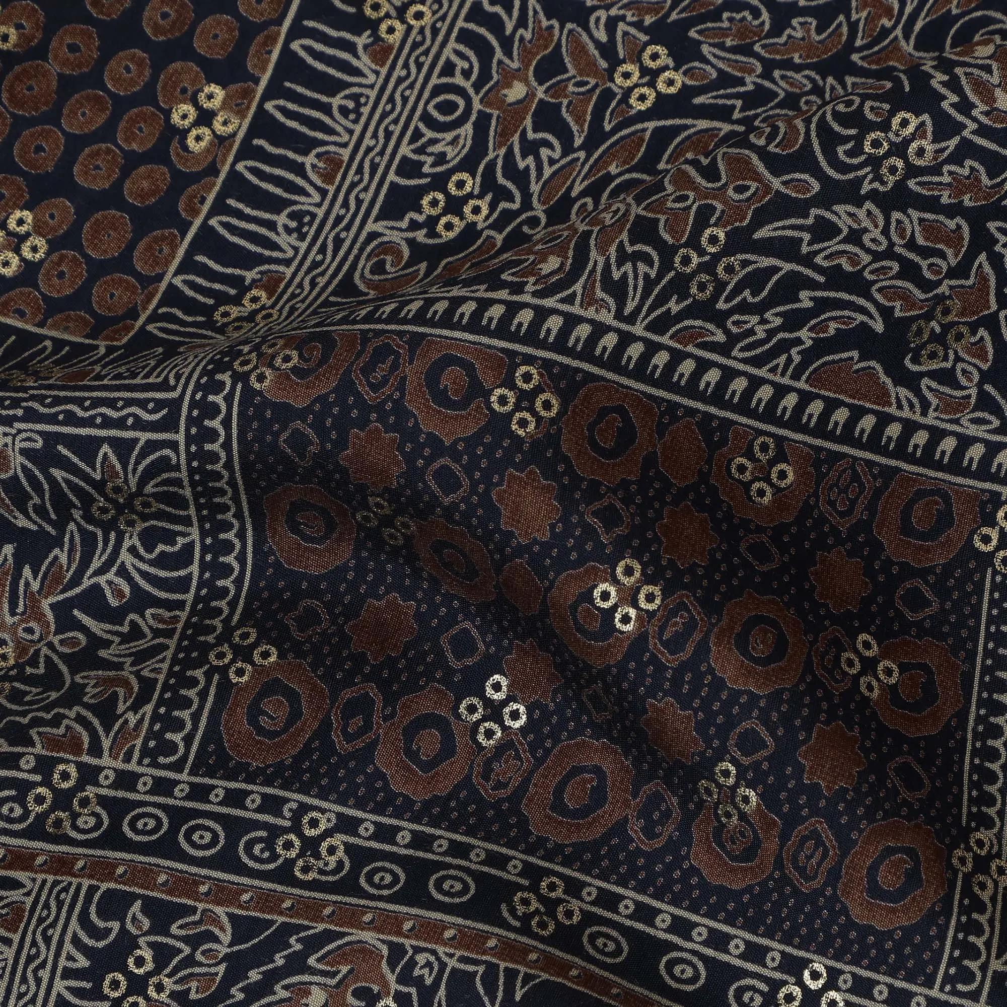 Navy Blue and Brown Viscose Printed Fabric with Floral and Geometric Patterns, 110 cm Width-D20452