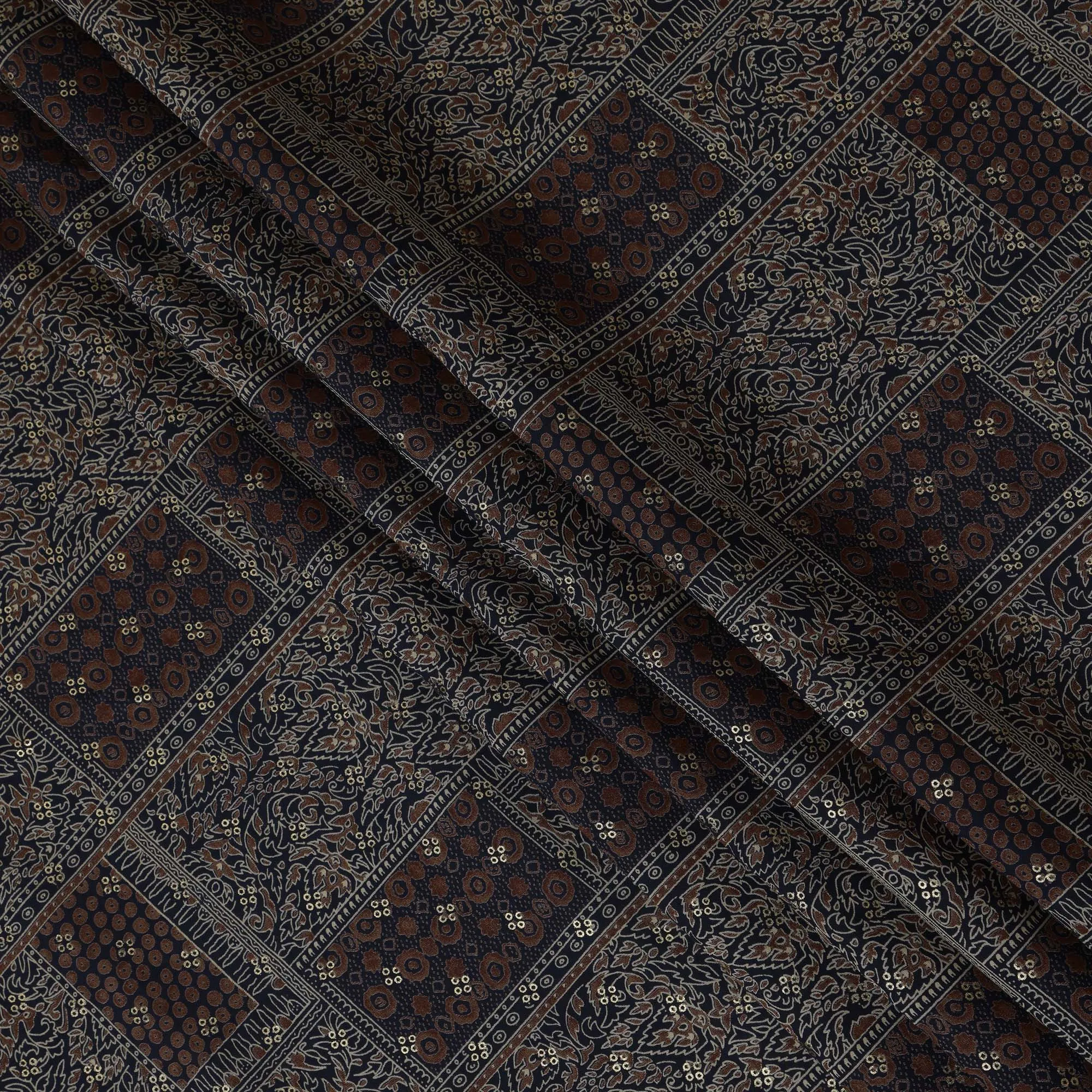 Navy Blue and Brown Viscose Printed Fabric with Floral and Geometric Patterns, 110 cm Width-D20452