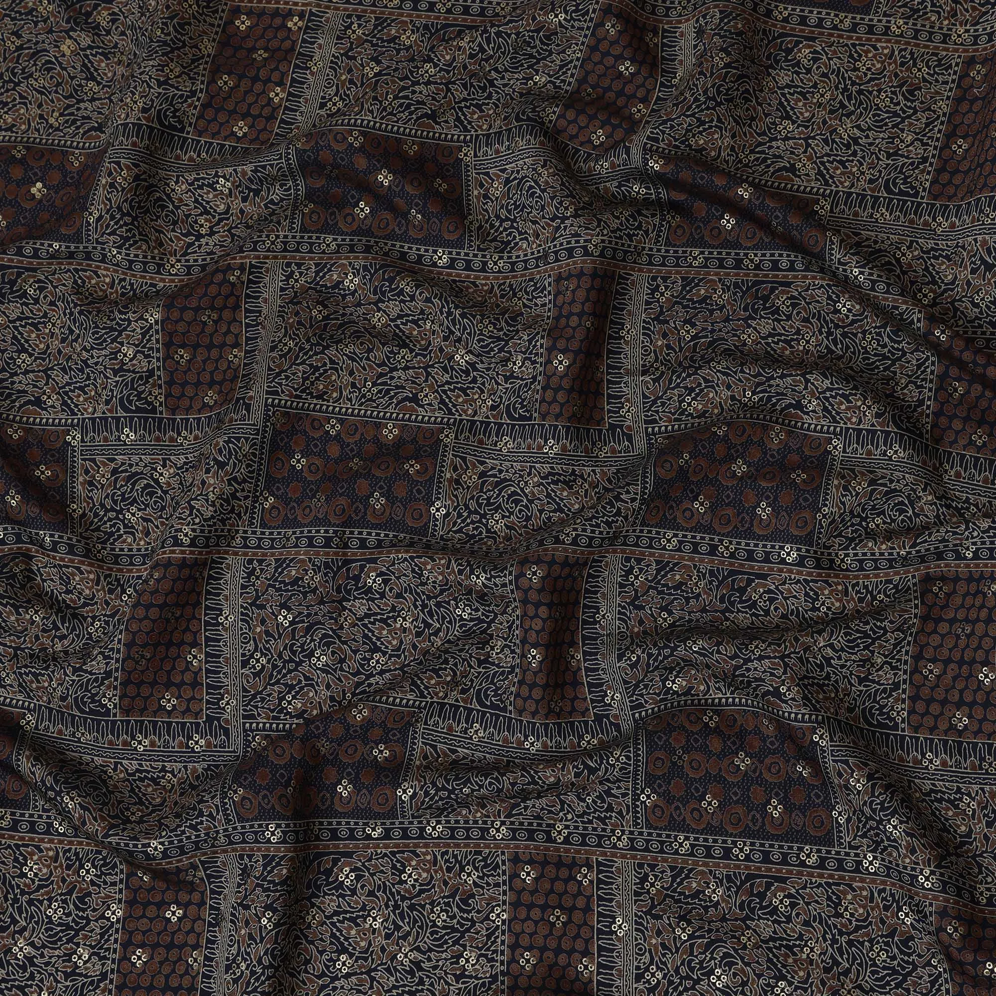 Navy Blue and Brown Viscose Printed Fabric with Floral and Geometric Patterns, 110 cm Width-D20452