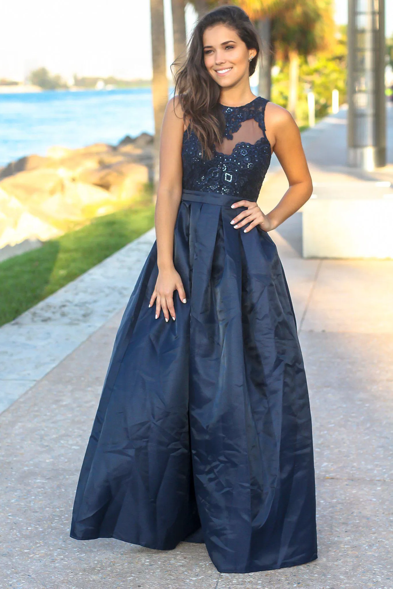 Navy Maxi Dress with Mesh Embroidered Top