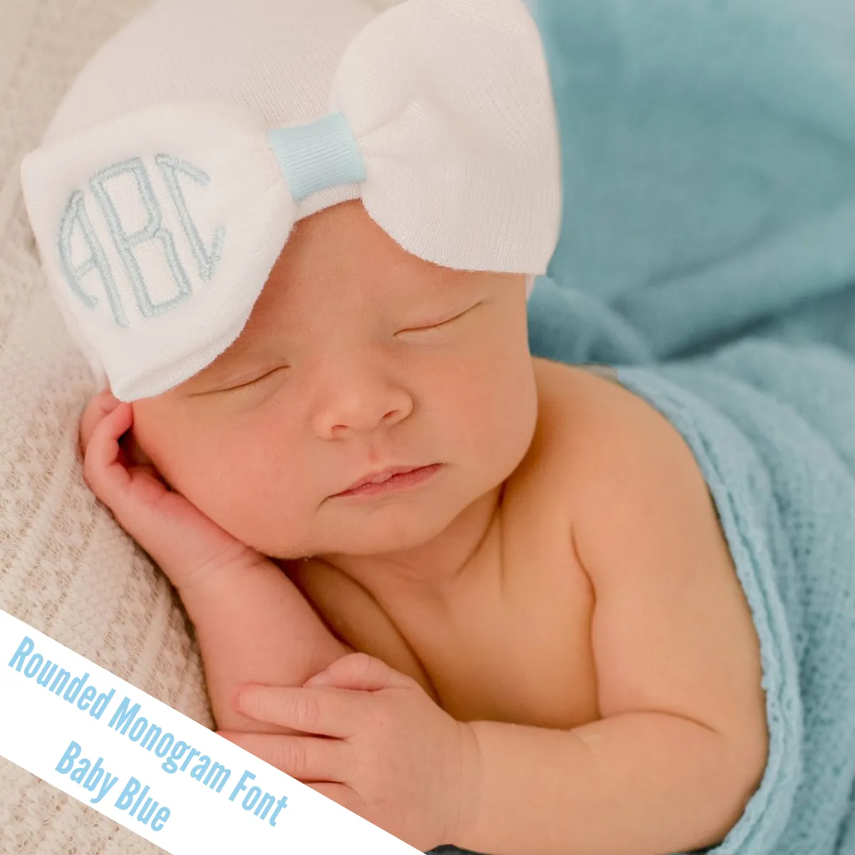 Newborn Baby Girl Hospital Beanie Hat with Monogrammed Bow, White Color Baby Hat