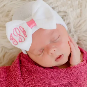 Newborn Baby Girl Hospital Beanie Hat with Monogrammed Bow, White Color Baby Hat