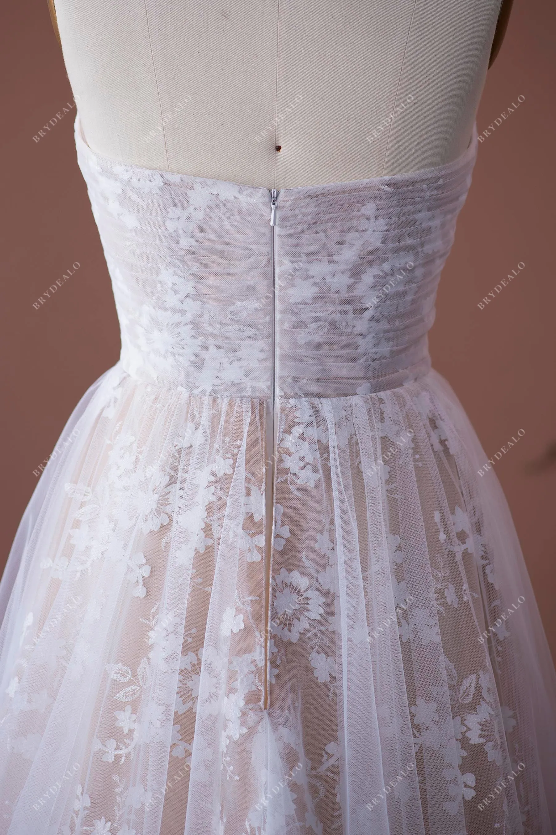 Nude Beige Sweetheart Neck A-line Lace Destination Wedding Dress