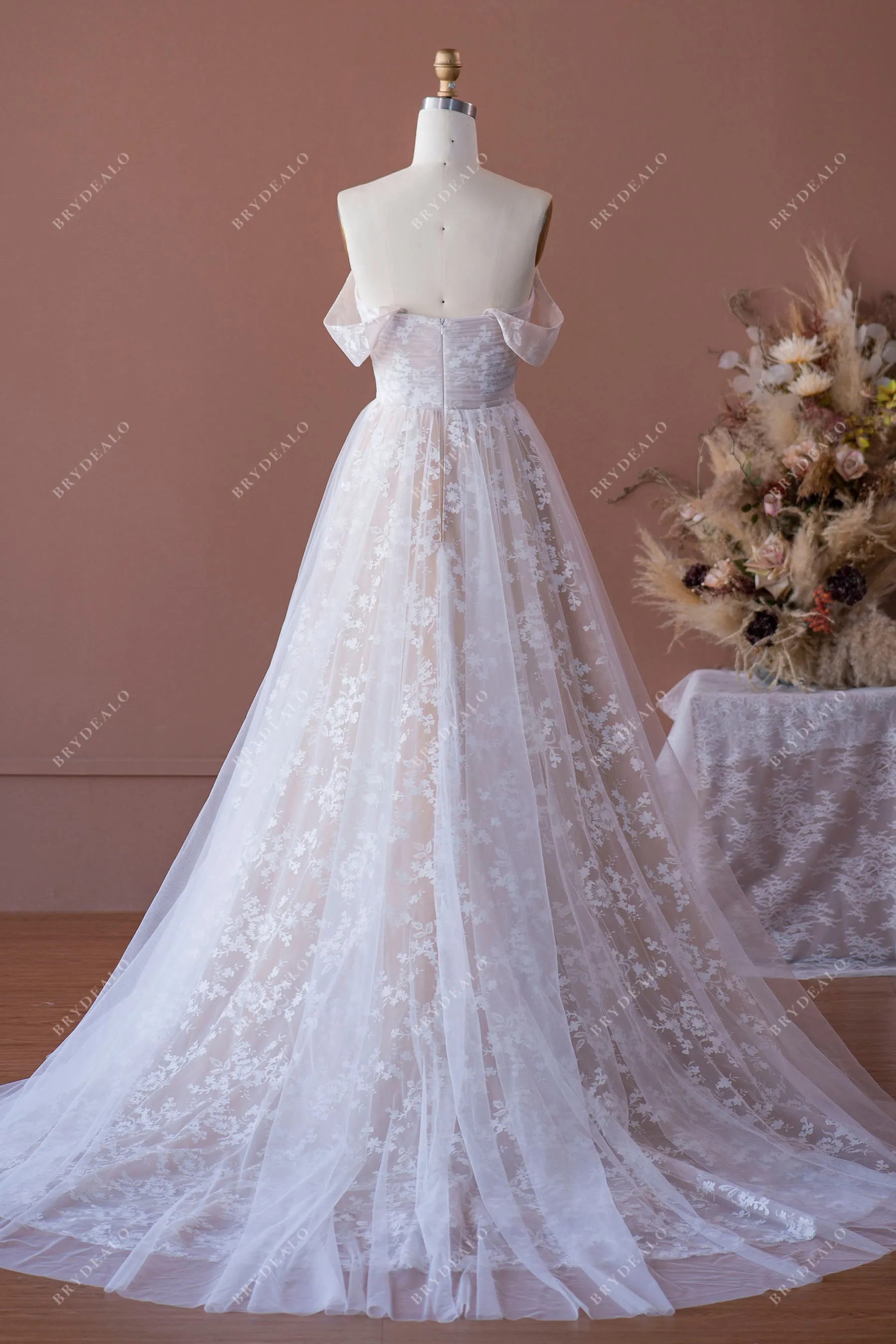 Nude Beige Sweetheart Neck A-line Lace Destination Wedding Dress