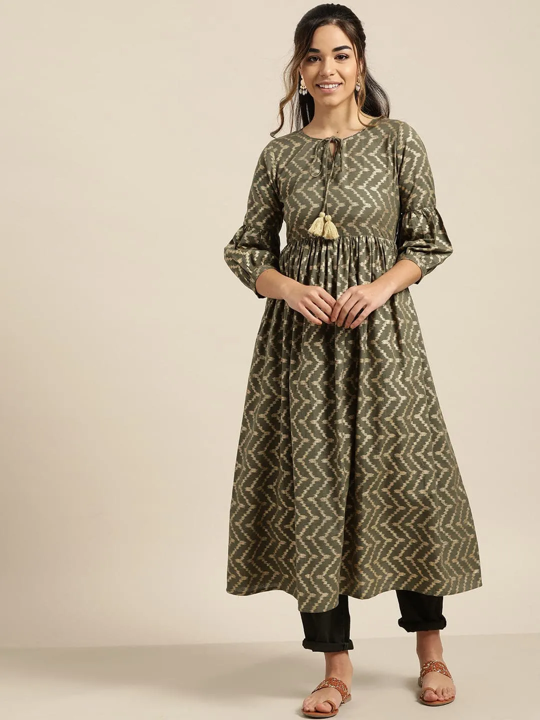 Olive Foil Chevron Gathered Kurta