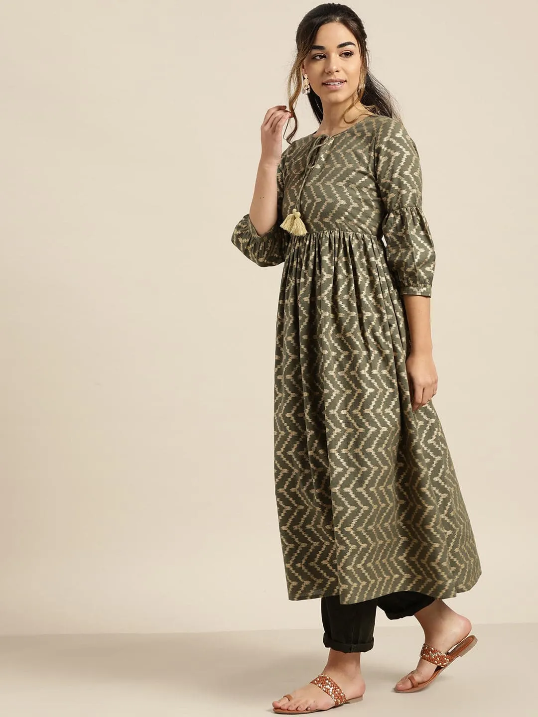 Olive Foil Chevron Gathered Kurta