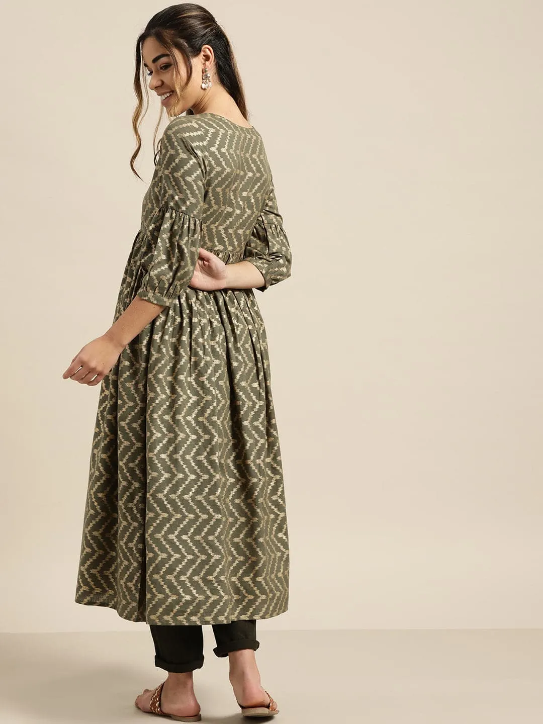 Olive Foil Chevron Gathered Kurta