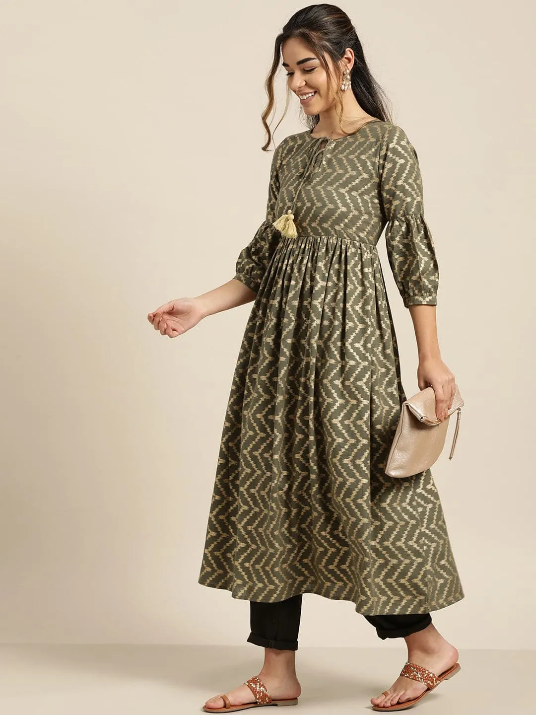 Olive Foil Chevron Gathered Kurta