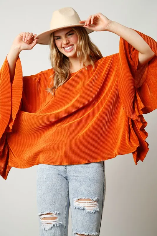 Orange Pleated Bodre Poncho