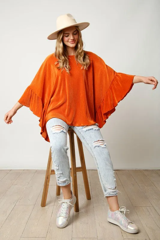 Orange Pleated Bodre Poncho