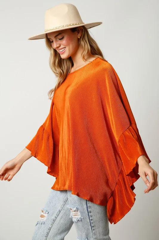 Orange Pleated Bodre Poncho