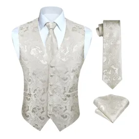 Paisley Floral 3pc Suit Vest Set - WHITE BEIGE