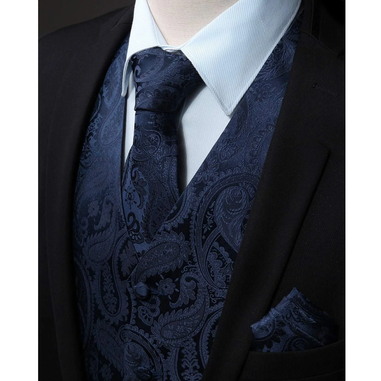 Paisley Suit Vest Tie Handkerchief Set - 01-NAVY BLUE