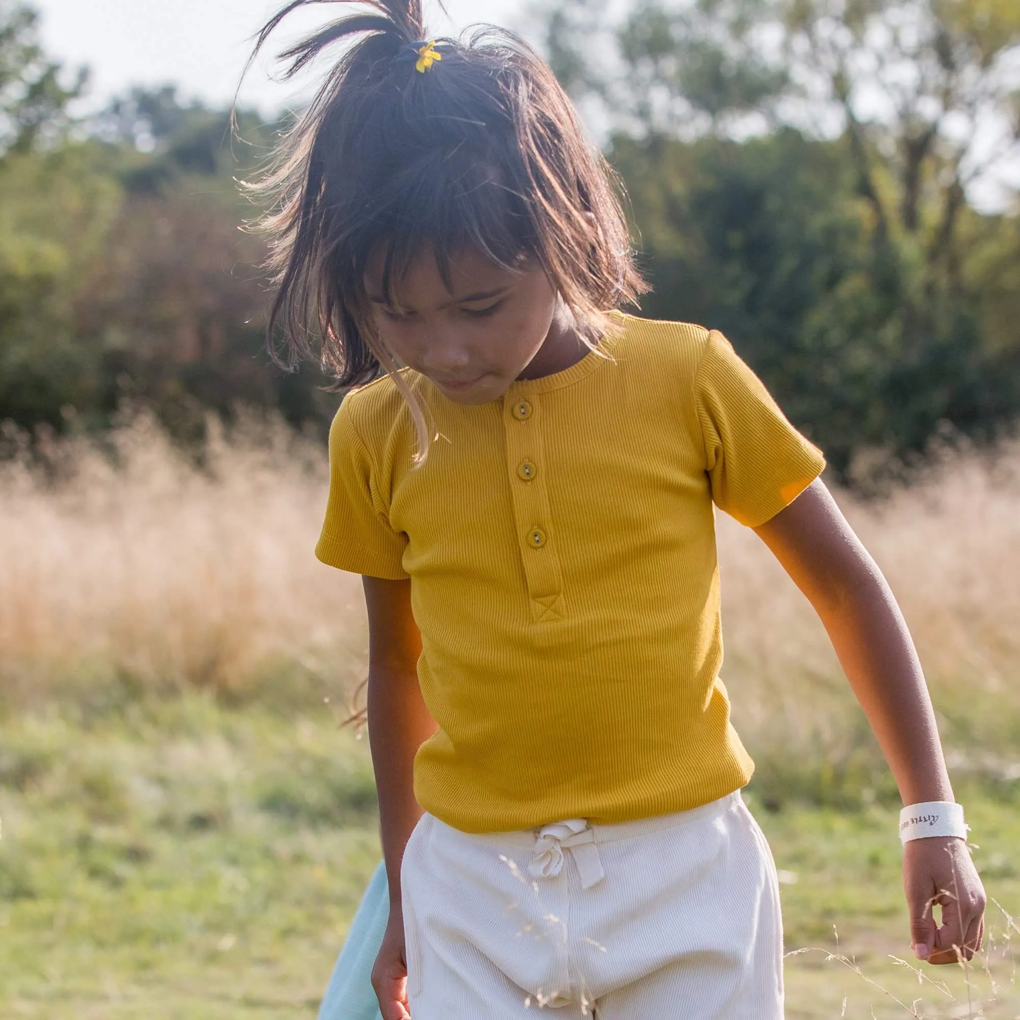 Pale Gold Ribbed Short Sleeve Henley Top