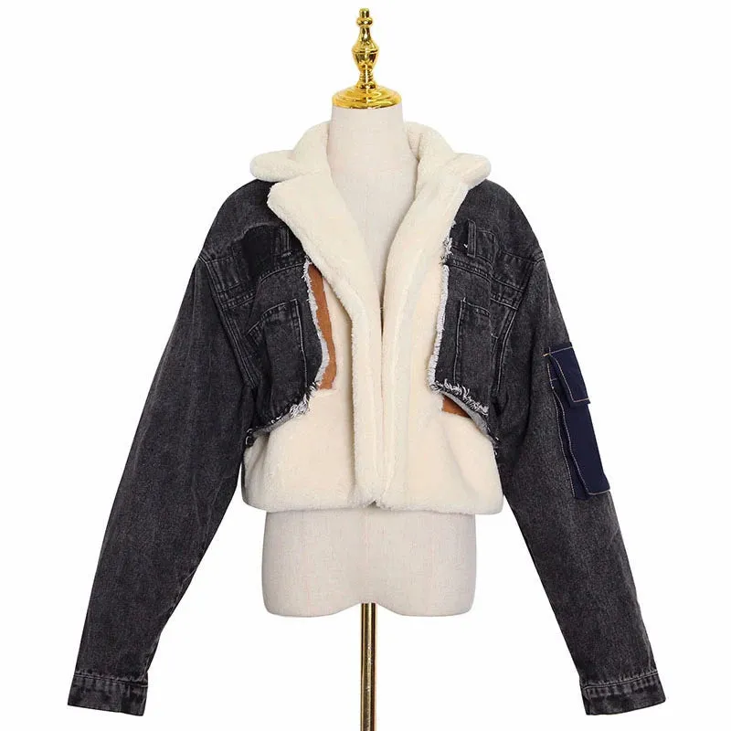 Patchwork Denim Jacket Women Long Sleeve lambswool Coat Tops Female Fashion Clothes Casual Winter