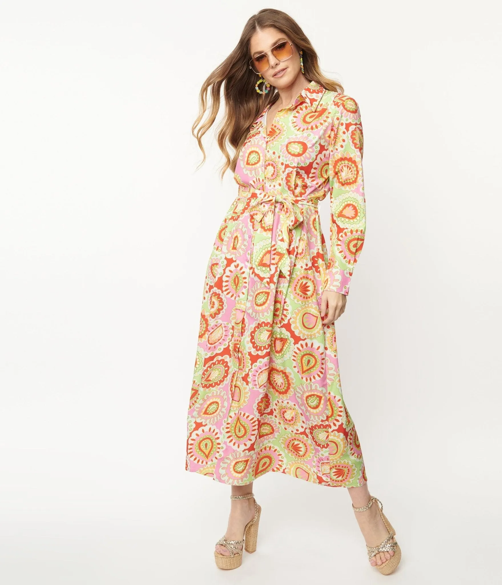 Pink & Green Paisley Print Midi Shirtdress