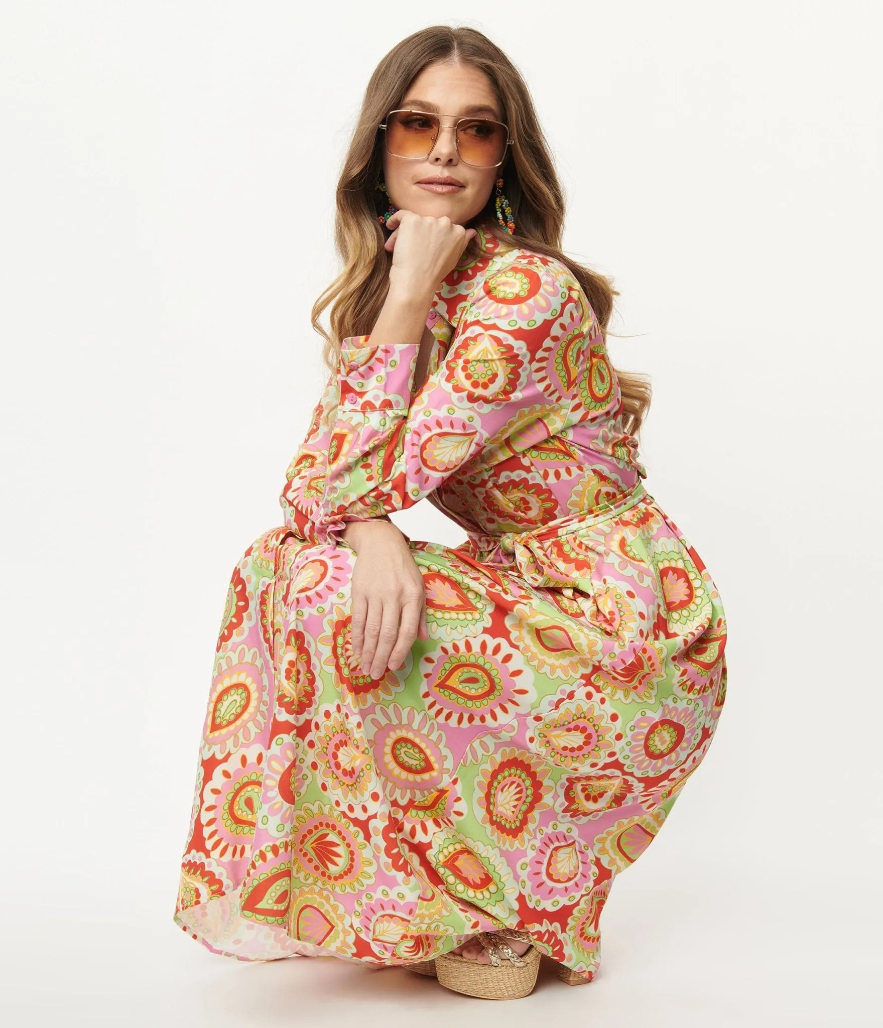 Pink & Green Paisley Print Midi Shirtdress