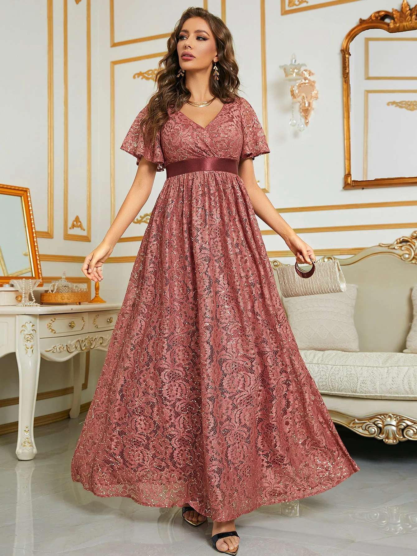 Pink Lace Long Wedding Party Dress