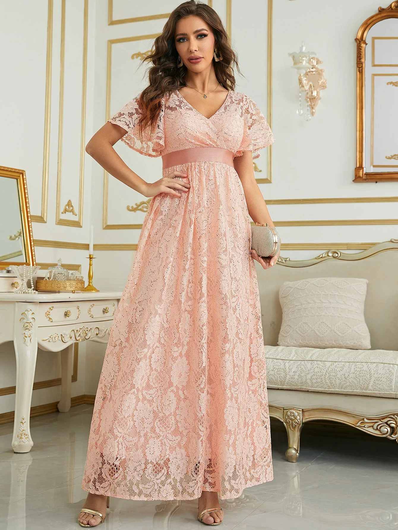 Pink Lace Long Wedding Party Dress