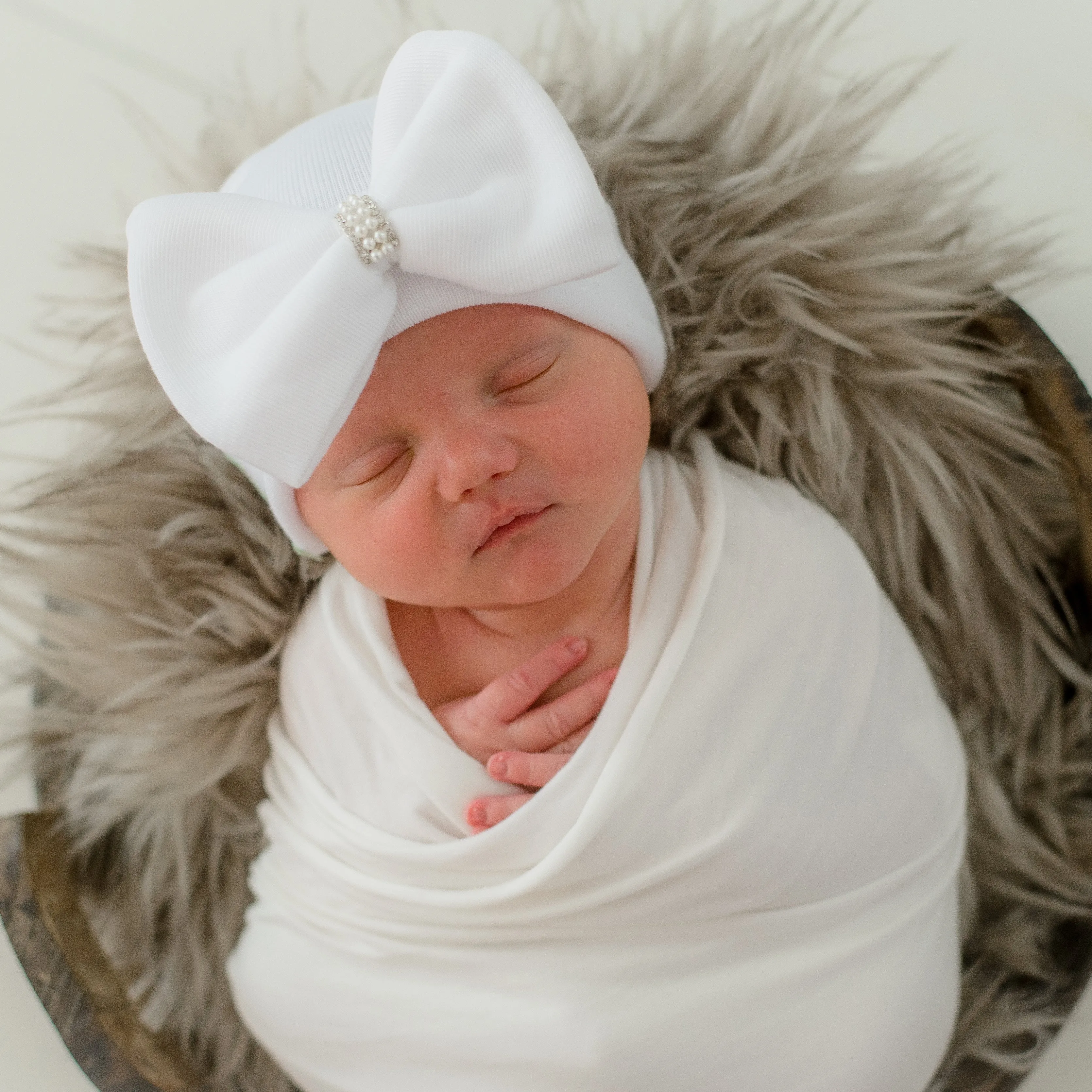 Pink (or White) Nursery Big Bow Newborn Girl Hospital Hat with Pearl and Rhinestone Center - Pink Infant Hat Newborn Hat