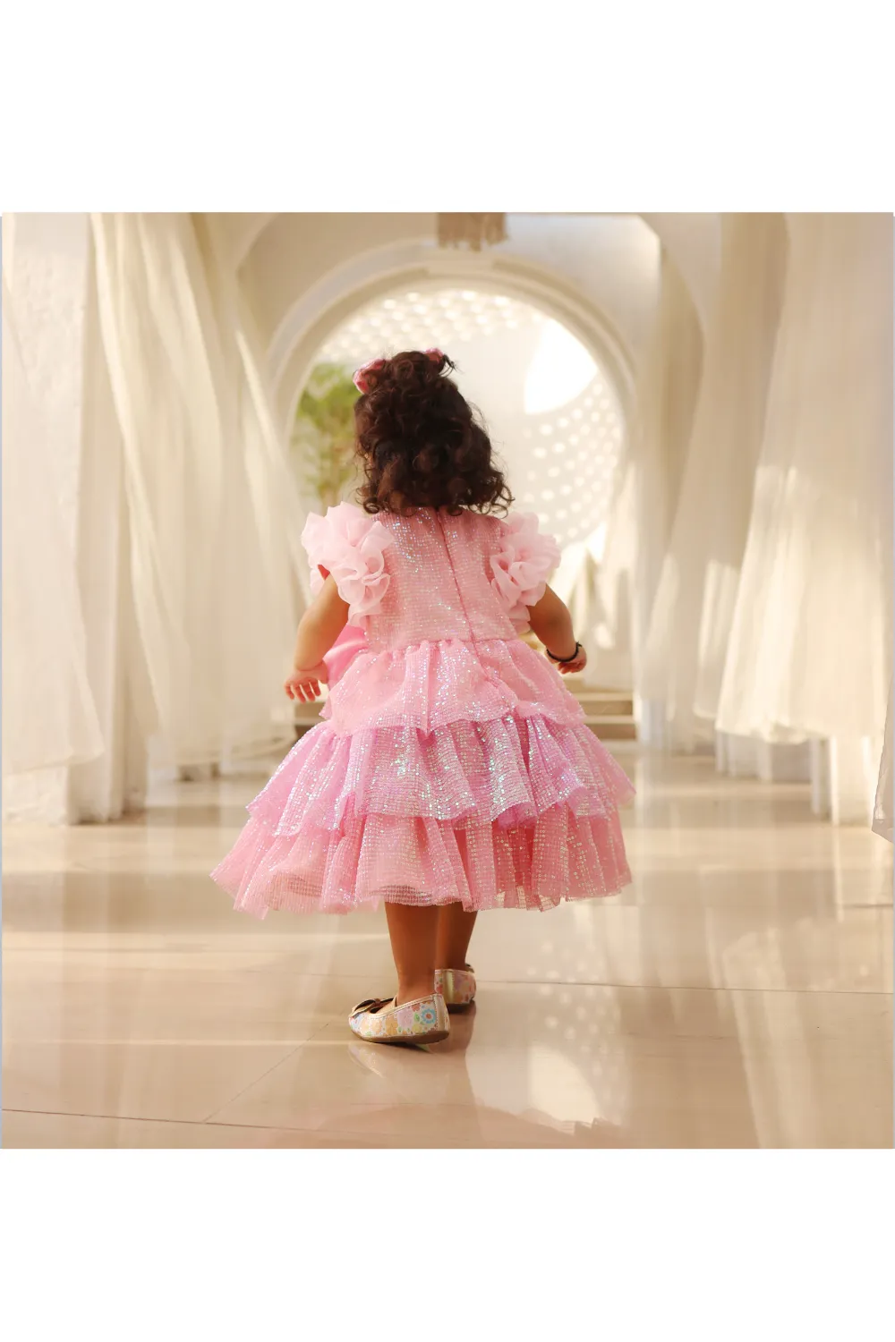 Pink Organza Sequence Embroidery Bow Frock