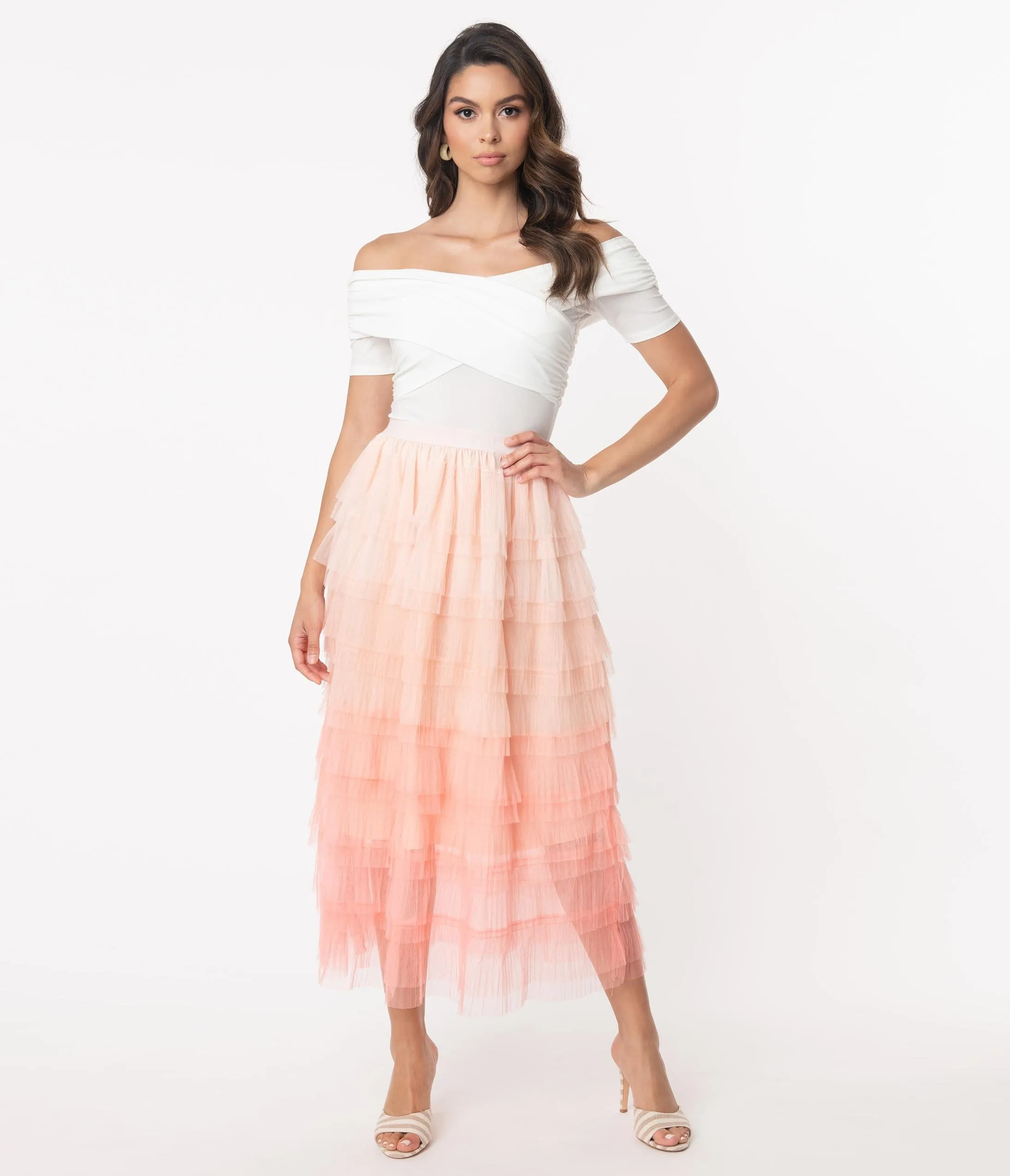 Pink Tiered Ombre Tulle Midi Skirt