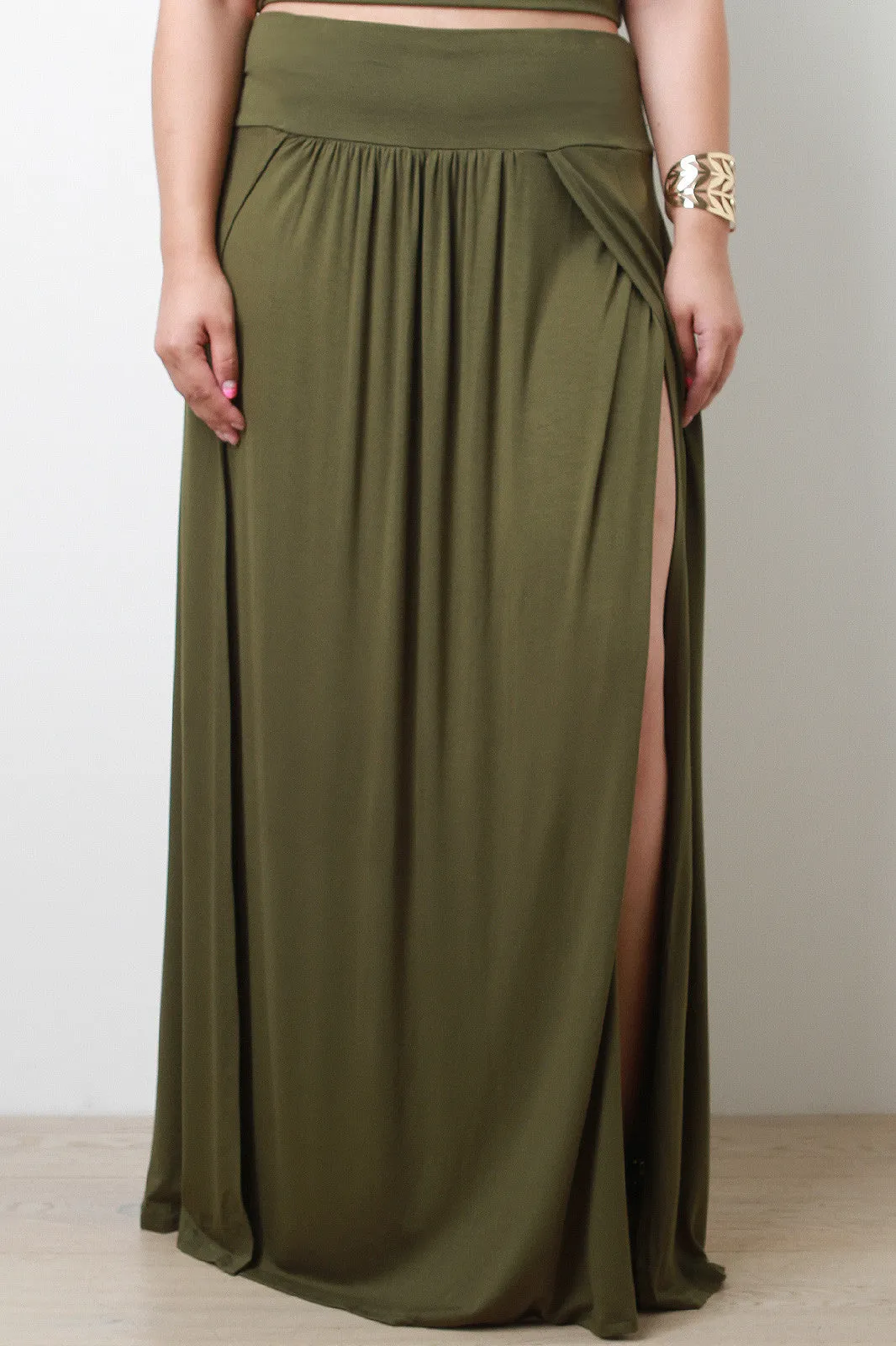 Plus Size Slit Draped Maxi Skirt