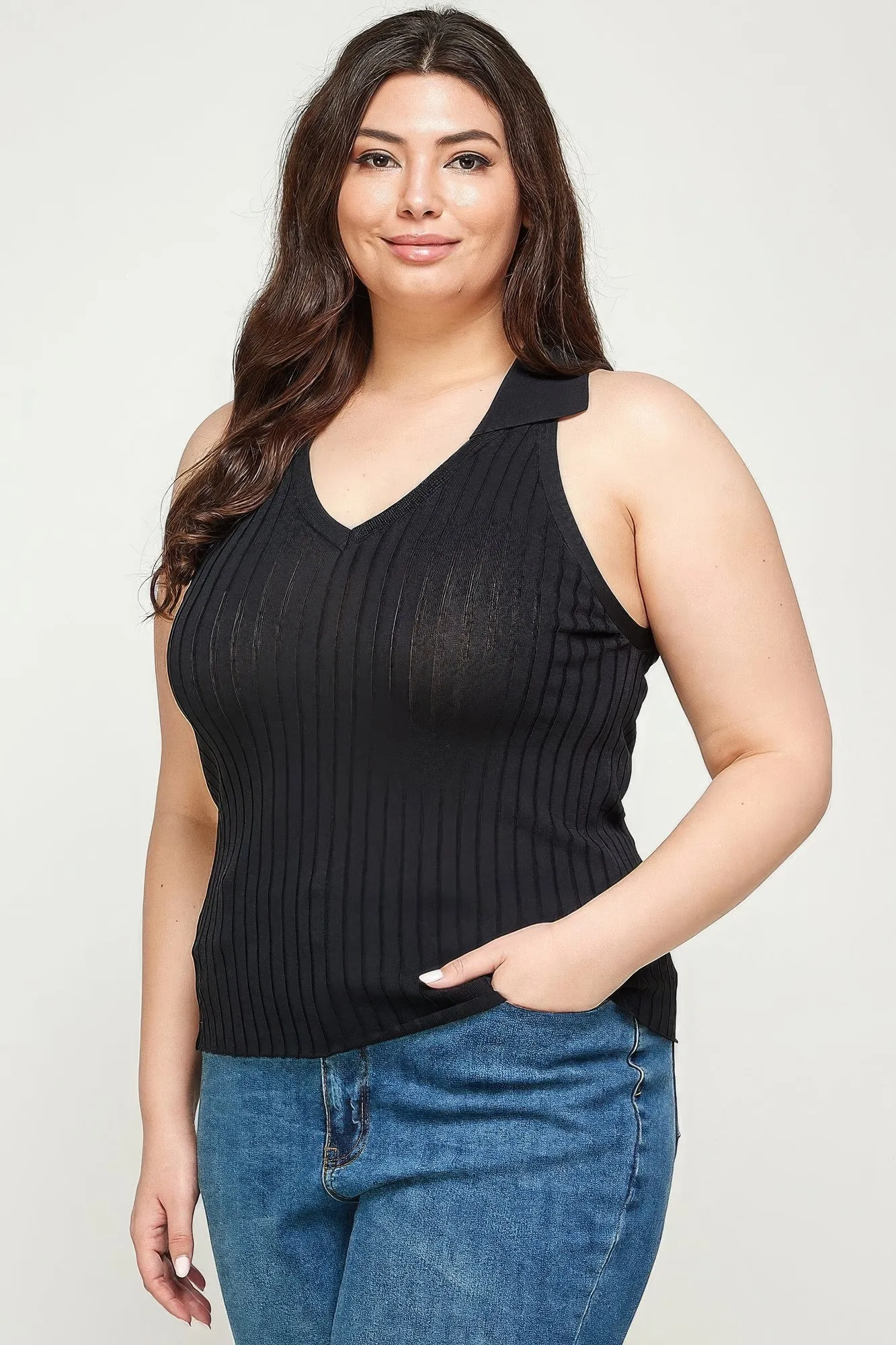 Plus Size, Solid Ribbed Knit Polo Sleeveless Top