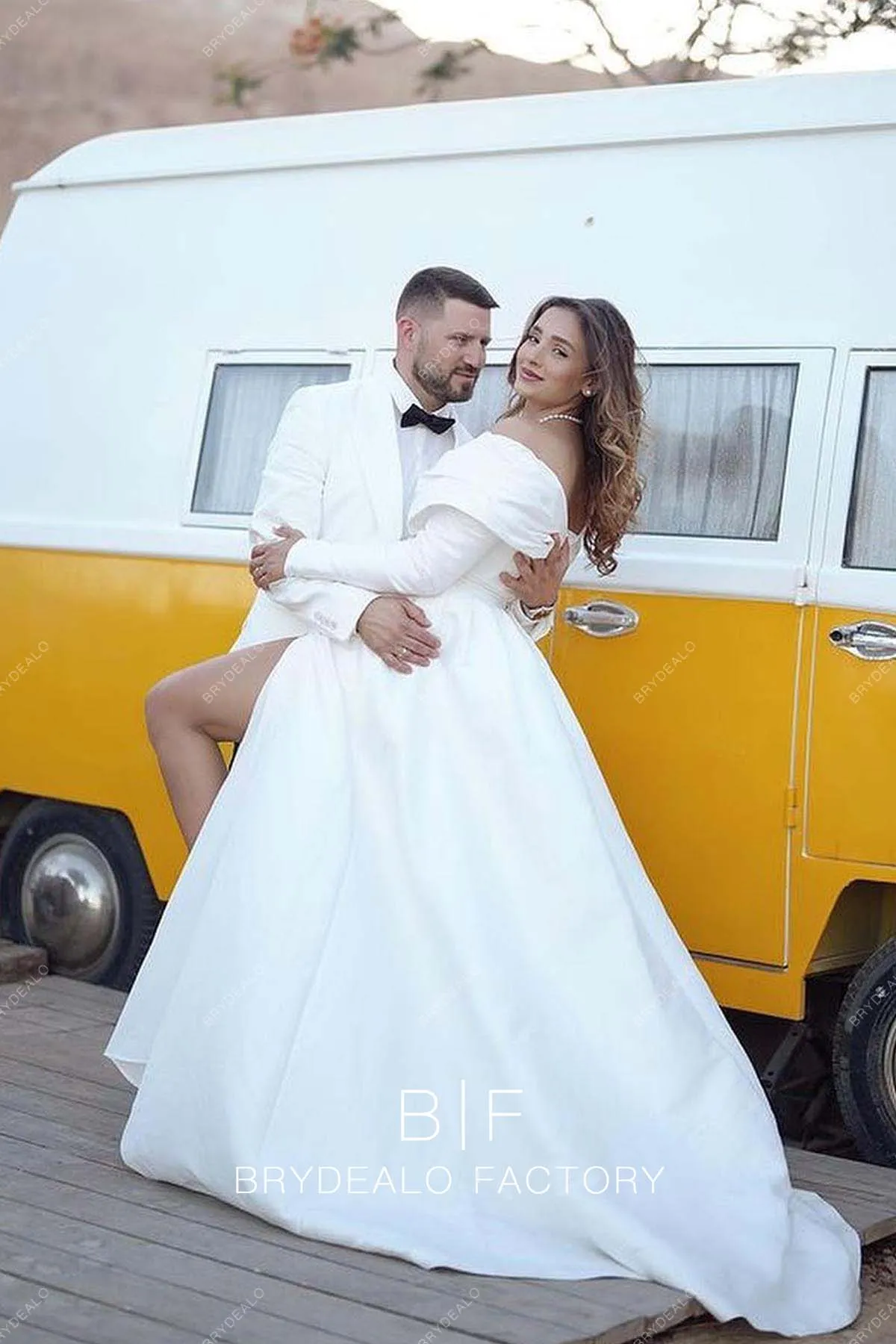 Plus Size Vintage Off Shoulder Satin Slit Custom Elopement Wedding Dress