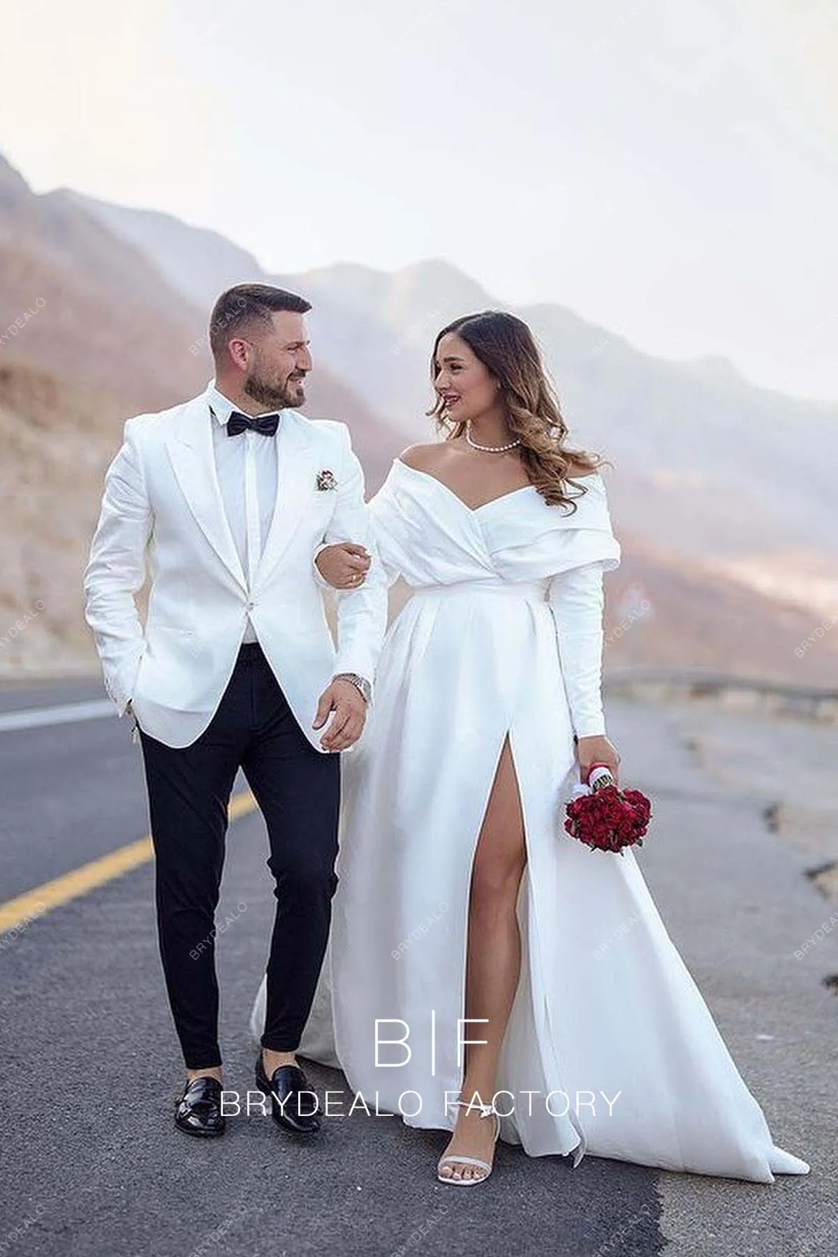 Plus Size Vintage Off Shoulder Satin Slit Custom Elopement Wedding Dress