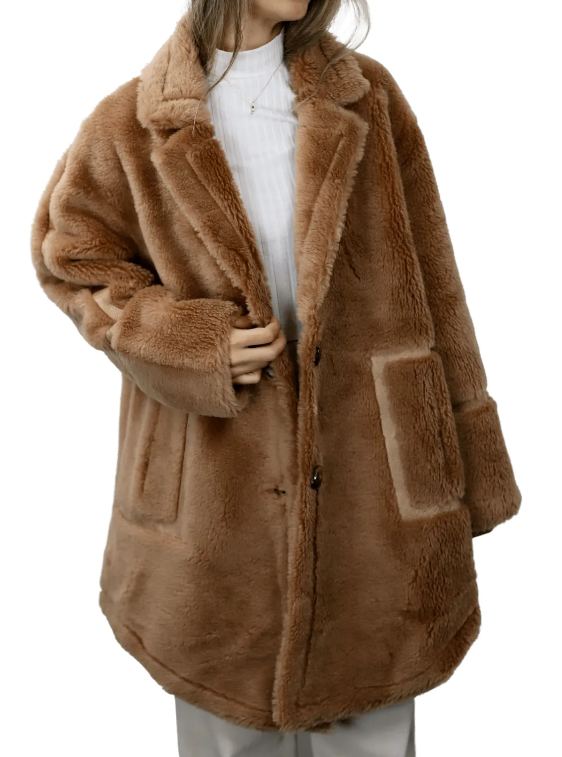 Plush Shearling and Suede Coat - Camel