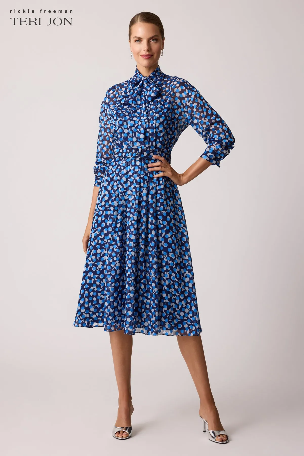 Polka Dot Chiffon Tie Neck Belted Dress