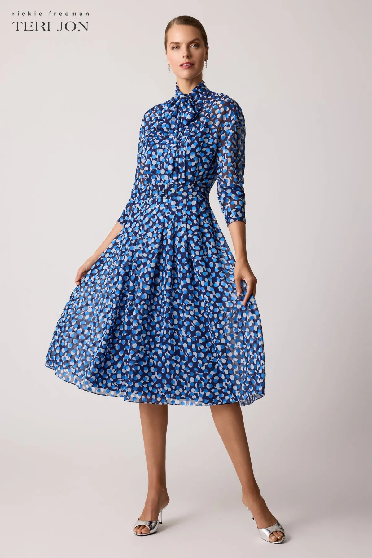 Polka Dot Chiffon Tie Neck Belted Dress