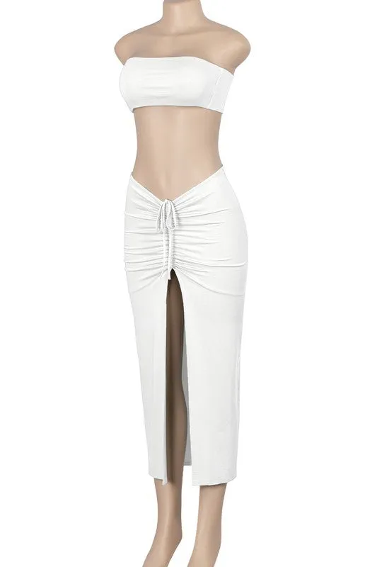 Poshy Sleeveless Tube Crop Top And Skirt Set (White)